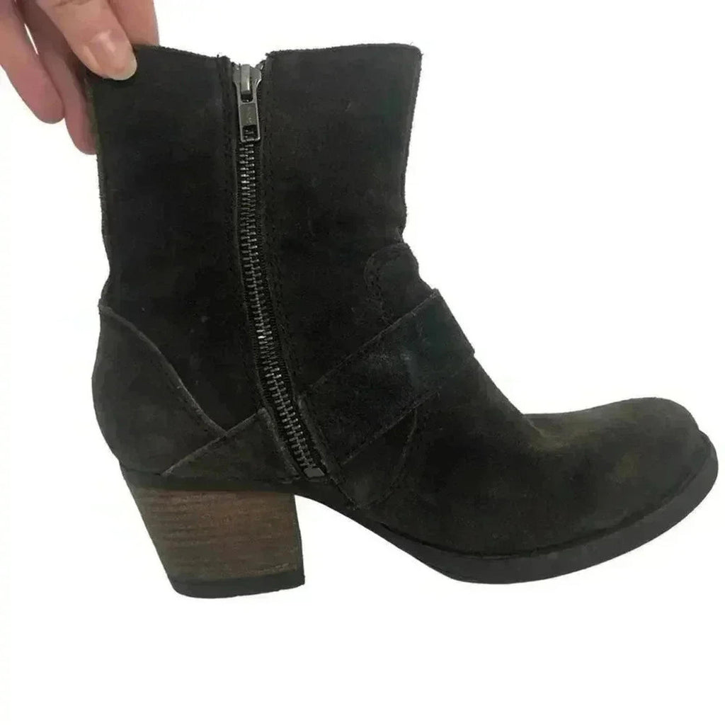Born Dark Brown Suede Buckled Distressed Booties Women's Size 6.5