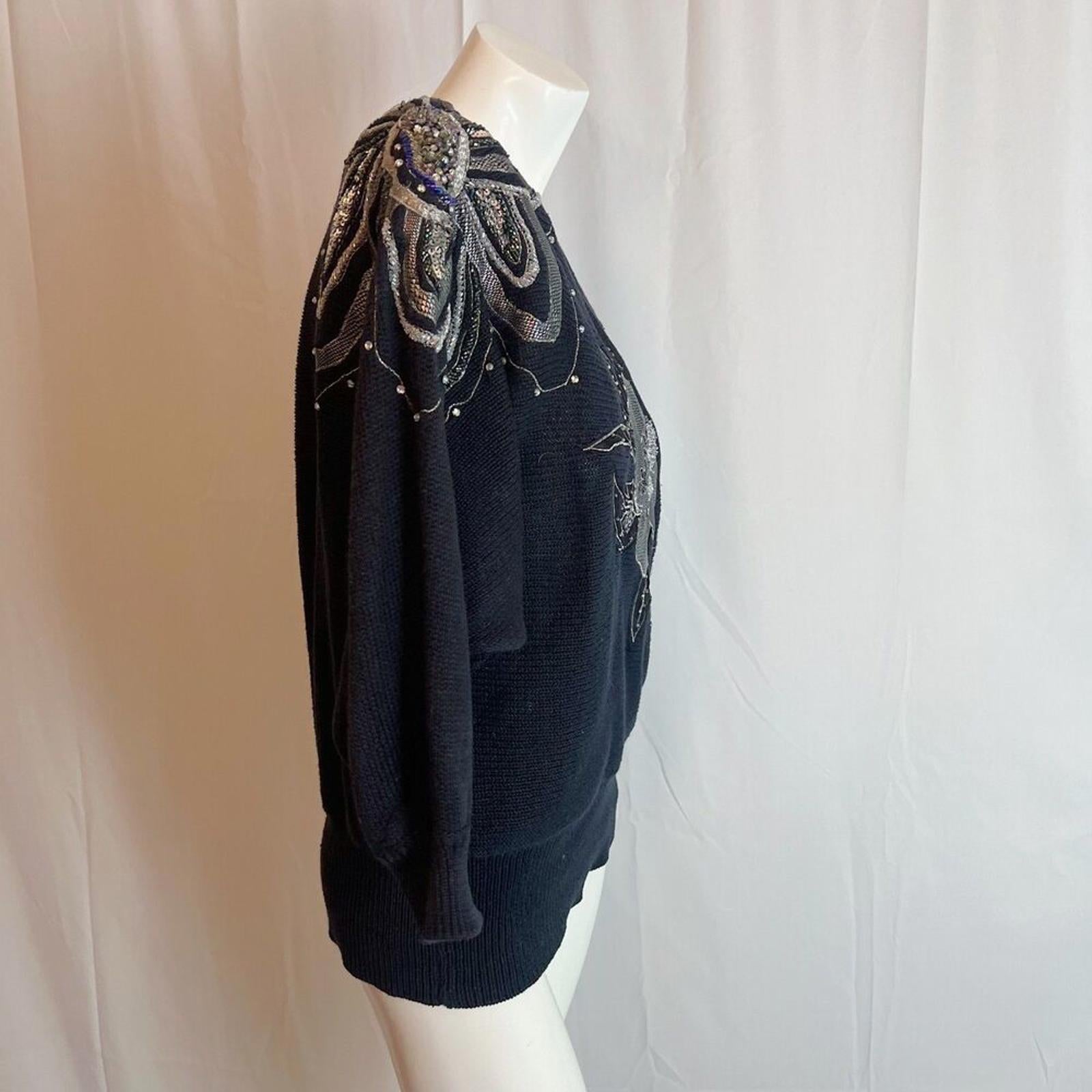 Vintage 80s Bonnie Boerer Black Silver Beaded Embroidered Wrap Sweater Size S