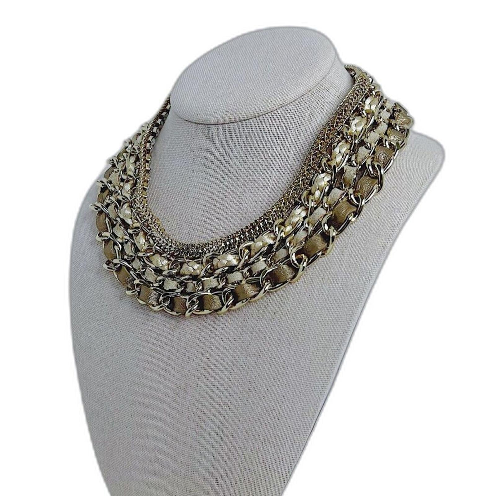 WHBM Gold Chain Multistrand Bib Necklace Leather Braiding Statement Choker
