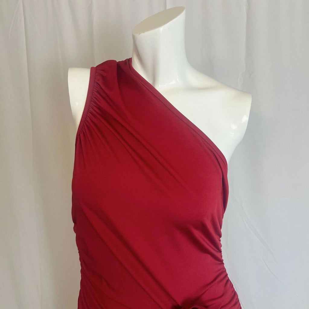 Dark Red One Shoulder Asymmetrical Mini Dress Ruched Bodycon Flower Size L