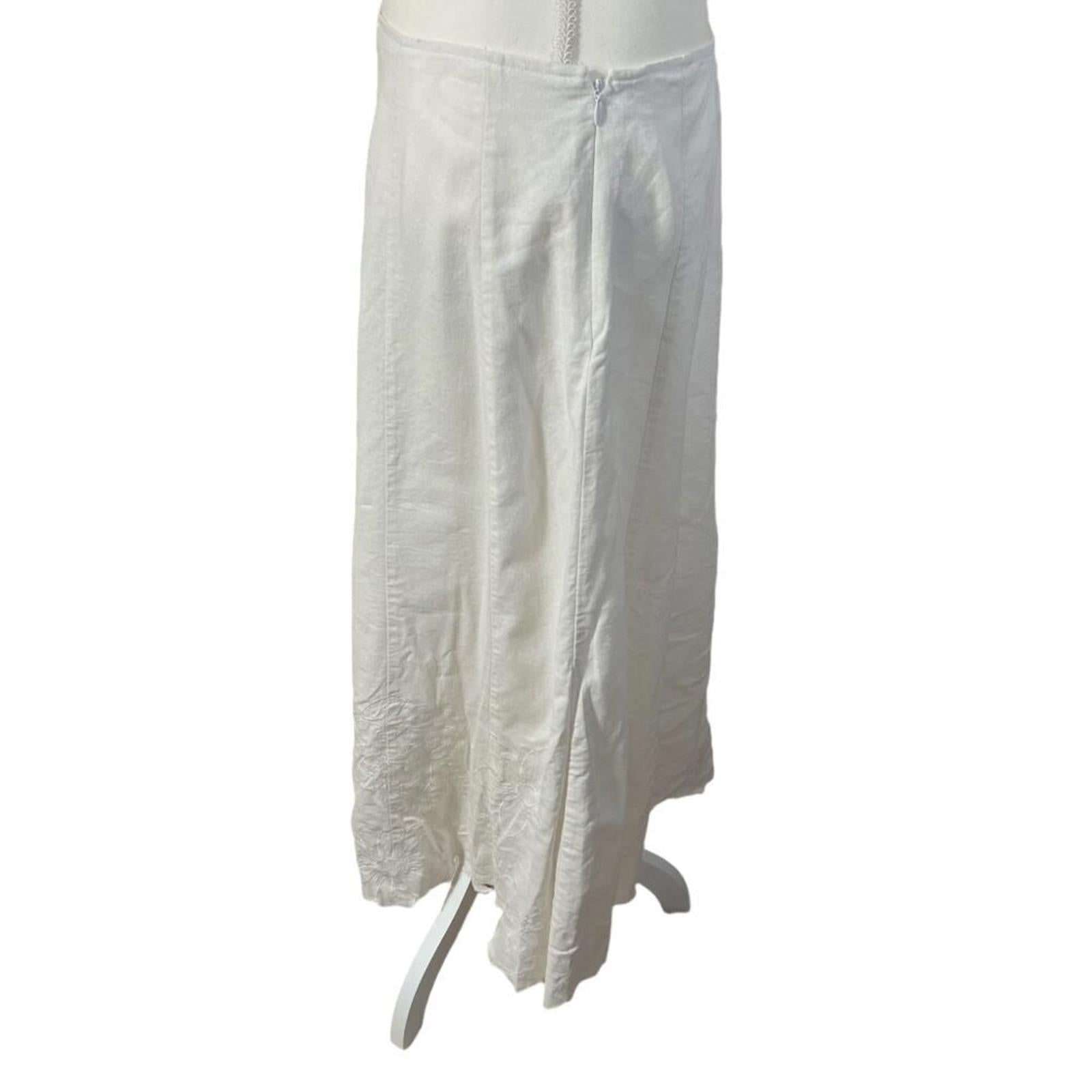 y2k Vintage White Linen Floral Embroidered Maxi Skirt Women's Size 8