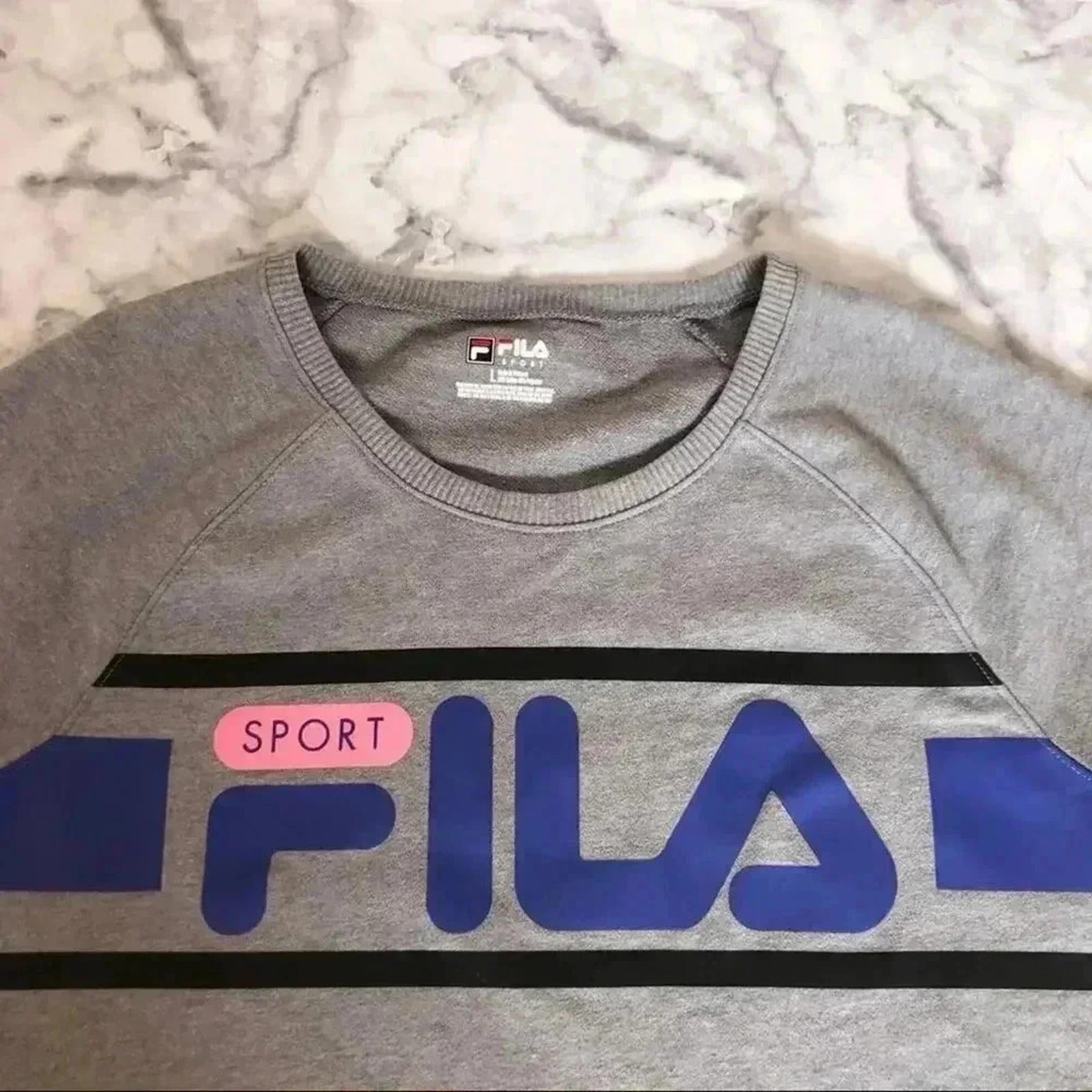Fila Sport Grey Raglan Crewneck Terrycloth Tee Blue Pink Athleisure Size L