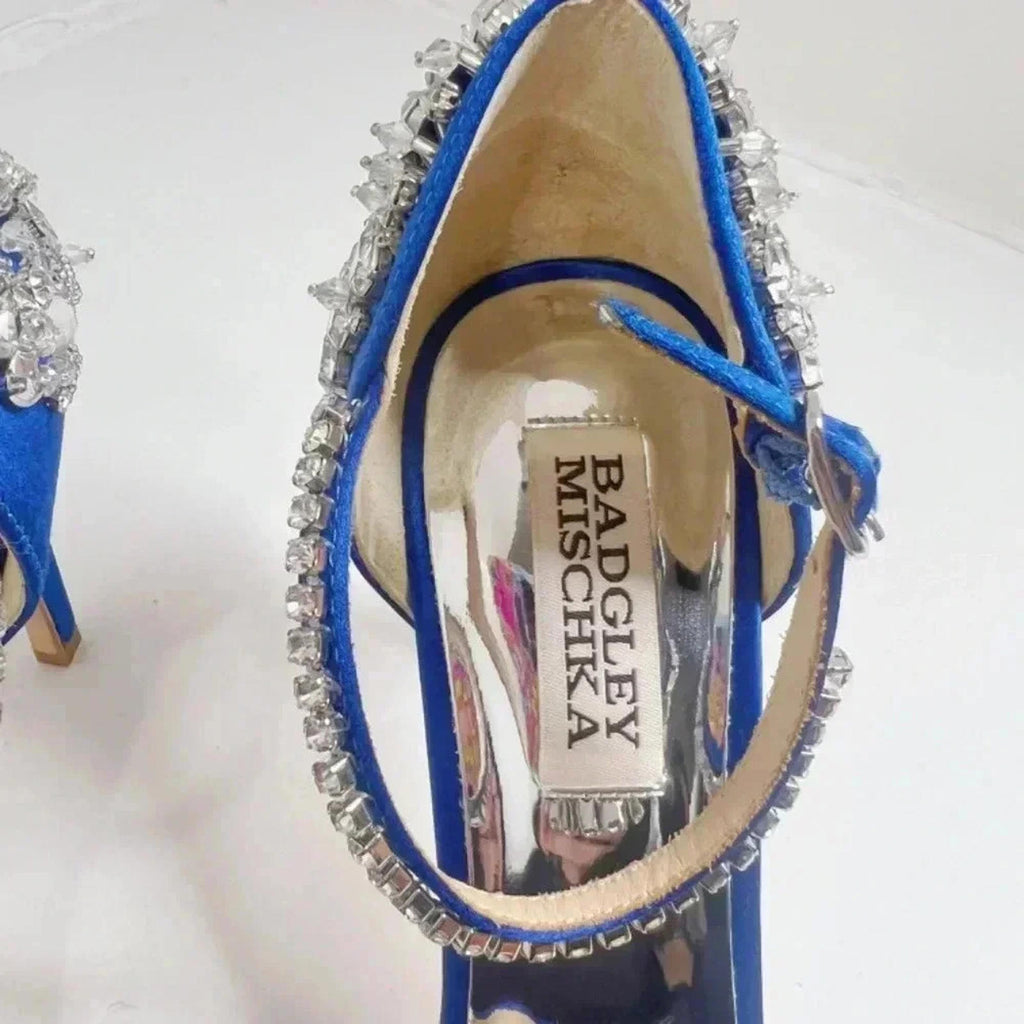 NWOT Badgley Mischka Blue Satin Crystal Encrusted Stilettos Square Toe Size 6.5