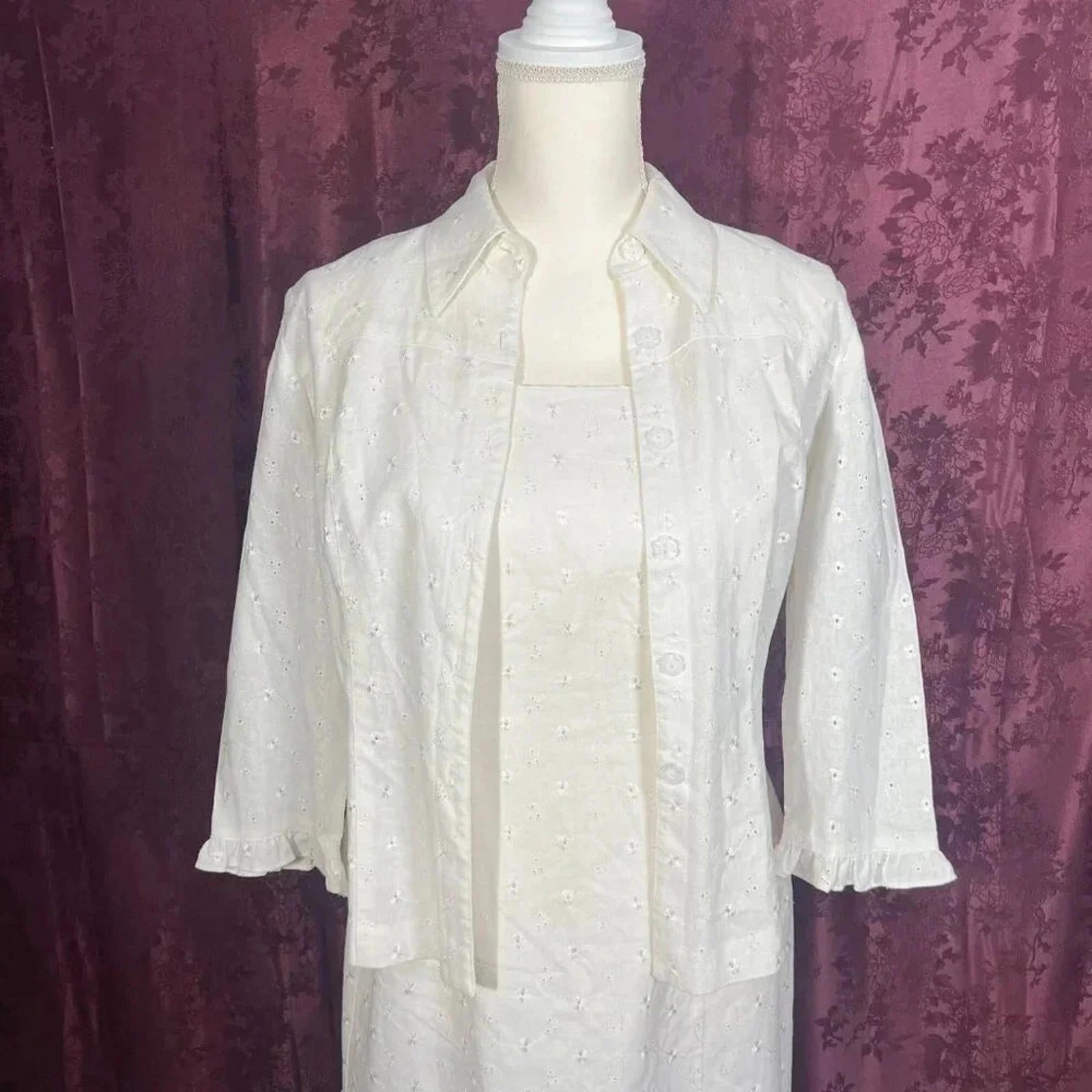 Dress Barn White Linen Dress Eyelet Floral Embroidery With Cardigan Size 6