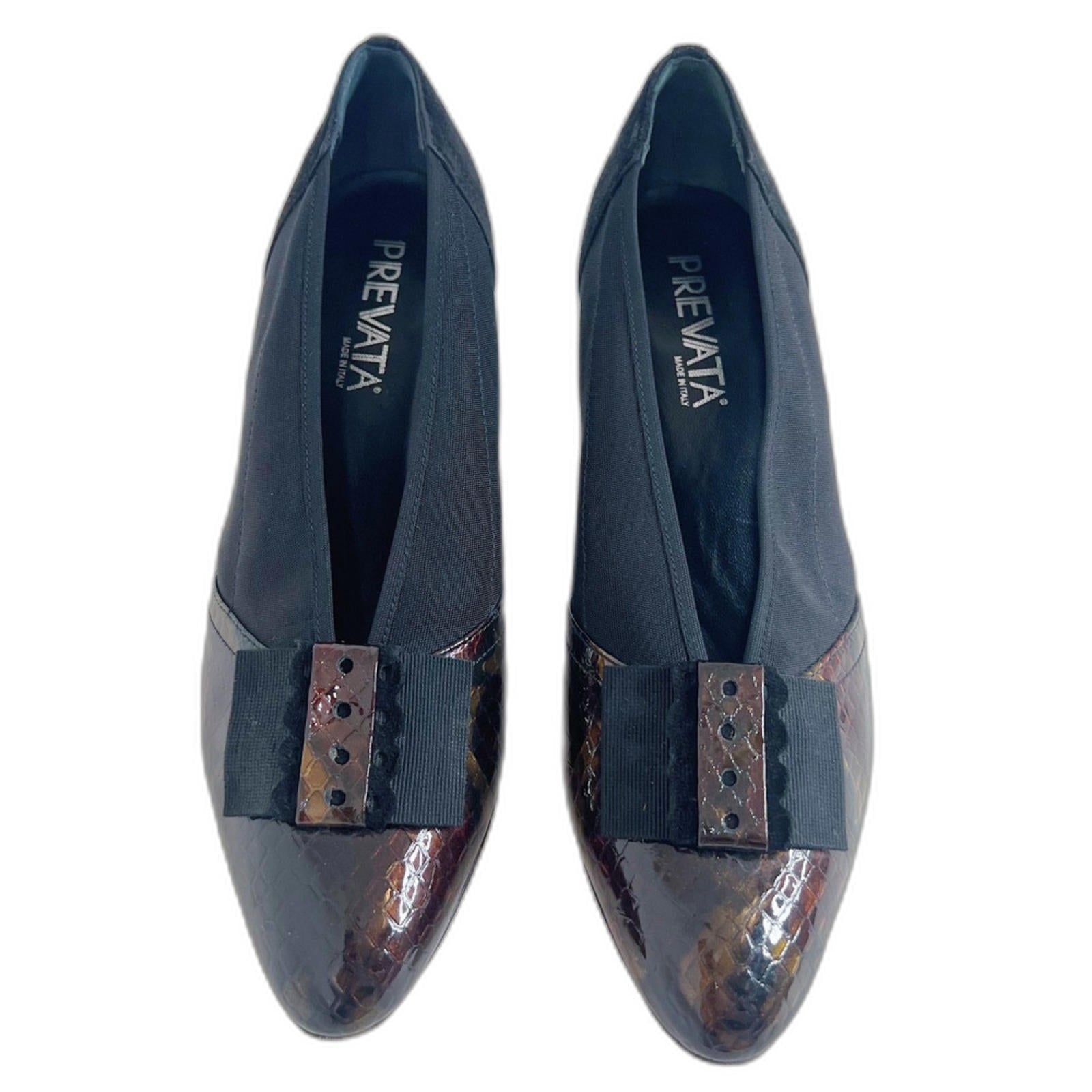 Prevata Italy Women's Snakeskin Pumps Black Suede Heels Bow Detail Size 8.5