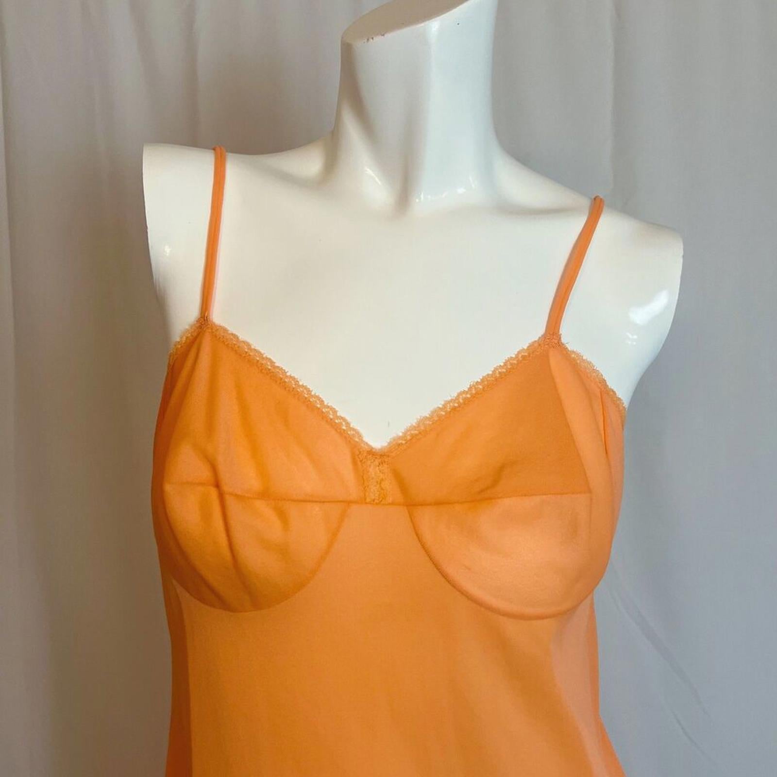 Vintage 1970s Vassarette Bright Orange Sheer Slip Dress Night Gown Size S