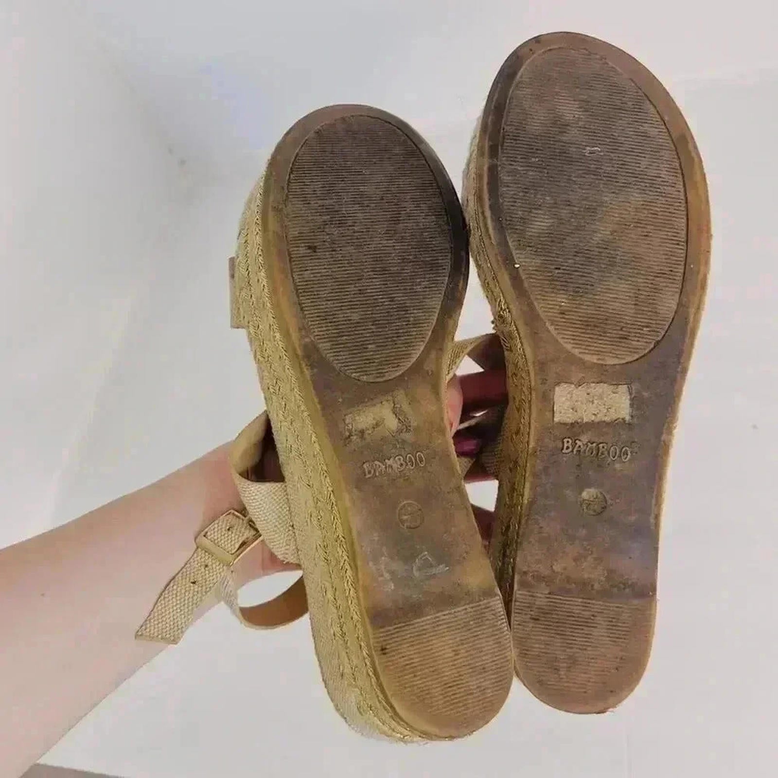 Bamboo Platform Espadrille Sandals Cream and Gold Canvas Woven Size 10