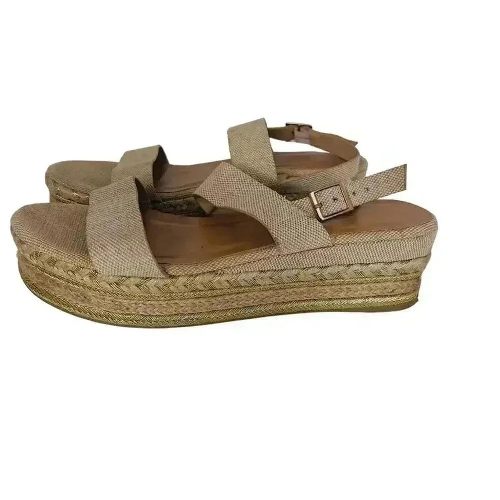 Bamboo Platform Espadrille Sandals Cream and Gold Canvas Woven Size 10