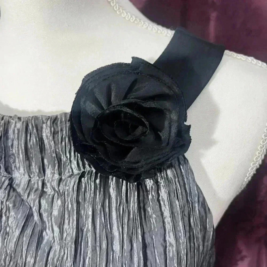 Vintage Silver Satin Crepe Shift Dress With Flower Metallic Women's Size 10