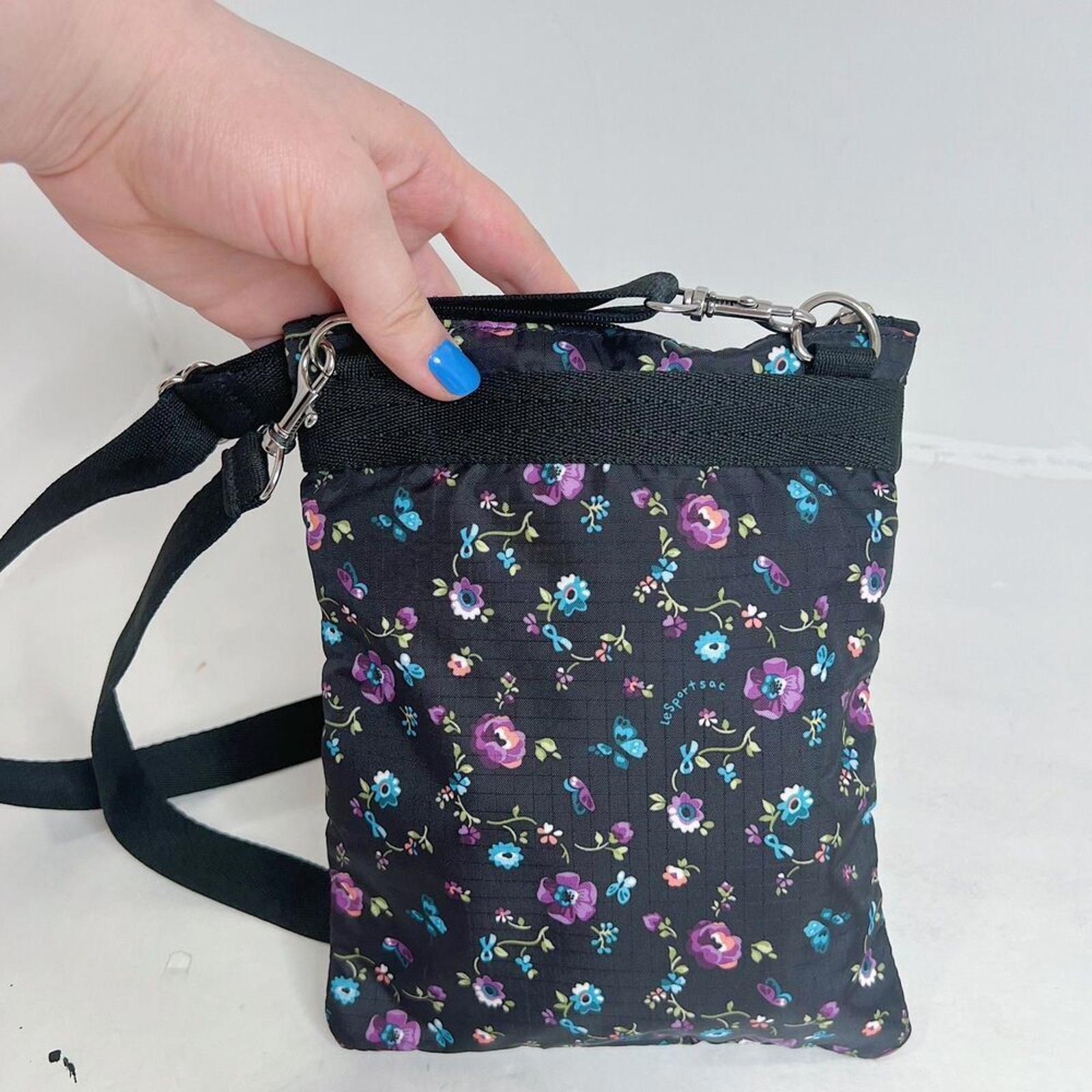 LeSportSac Black Purple and Blue Flowers Nylon Crossbody Bag Purse