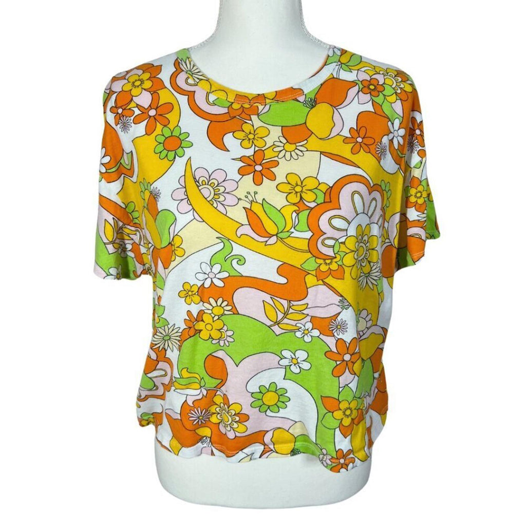 Zara Groovy 70s Boxy Crop Top T Shirt Hippie Women's Size M