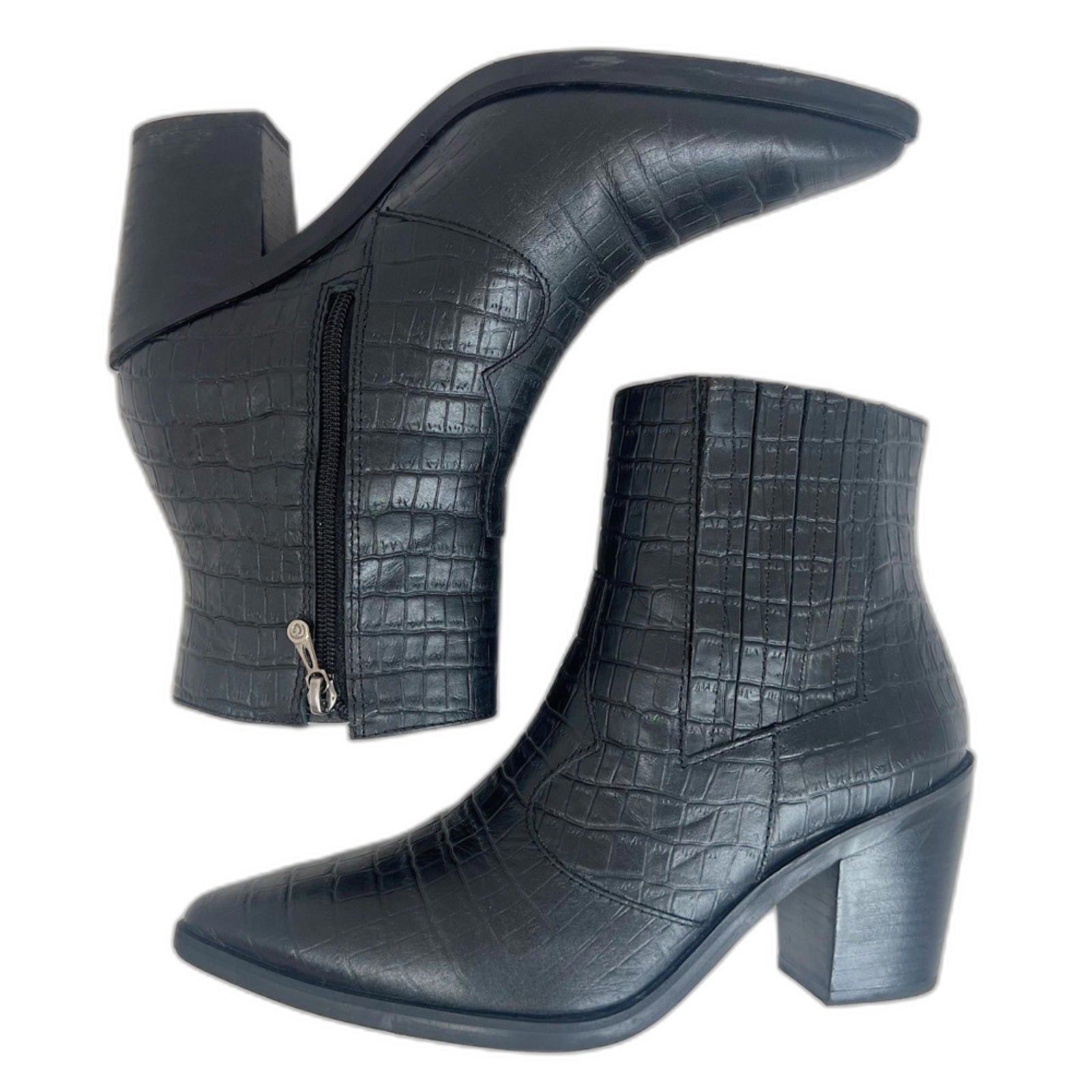 Blondo Black Leather Crocodile Embossed Booties Cowboy Ankle Boots Size 9