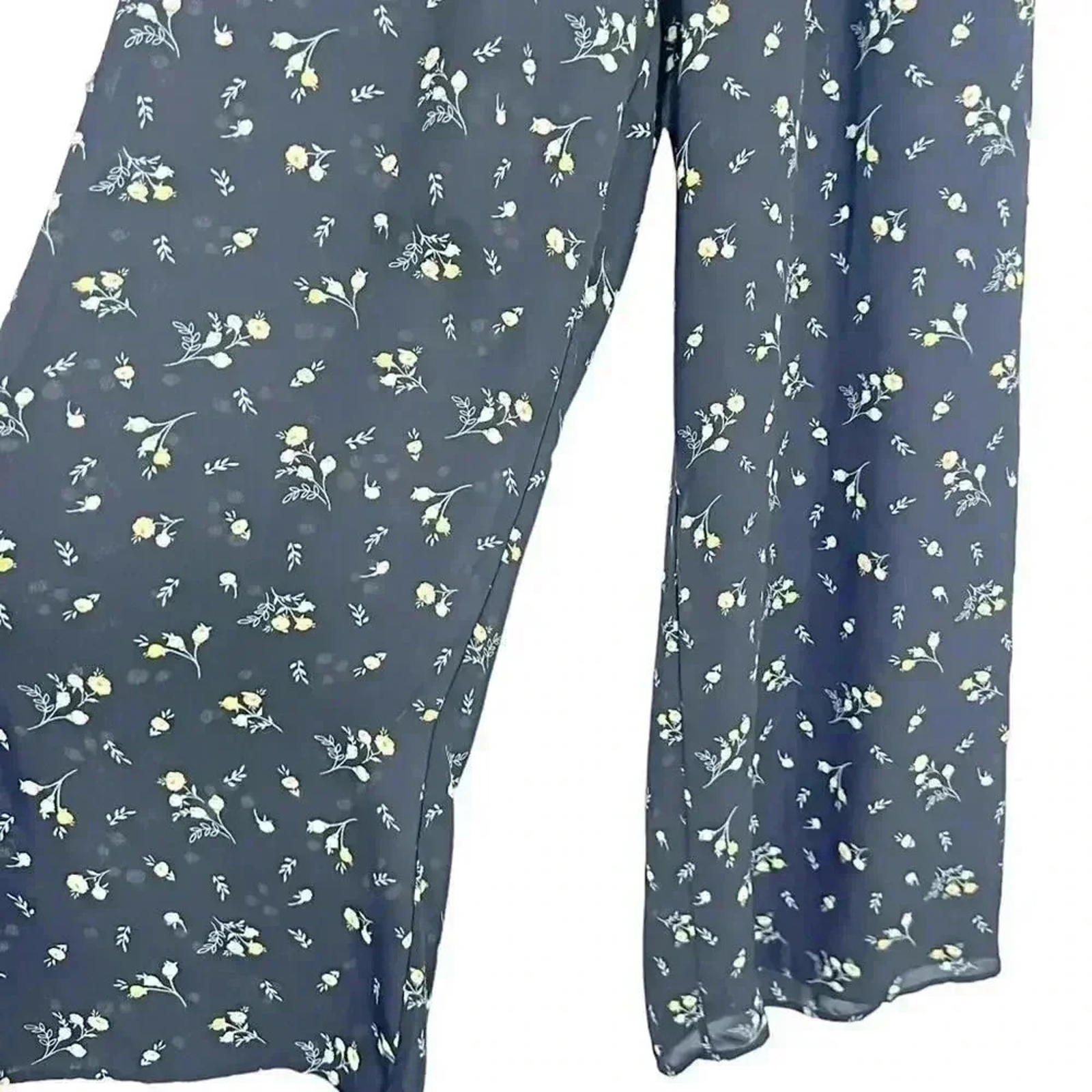 Aqua Black and Yellow Chiffon Flowy Pants Floral  Summer Boho Chic Size S