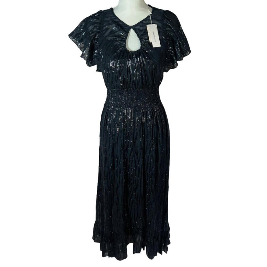 NWT Rebecca Taylor Silk Short Sleeve Safari Dress Black and Metallic Size 2
