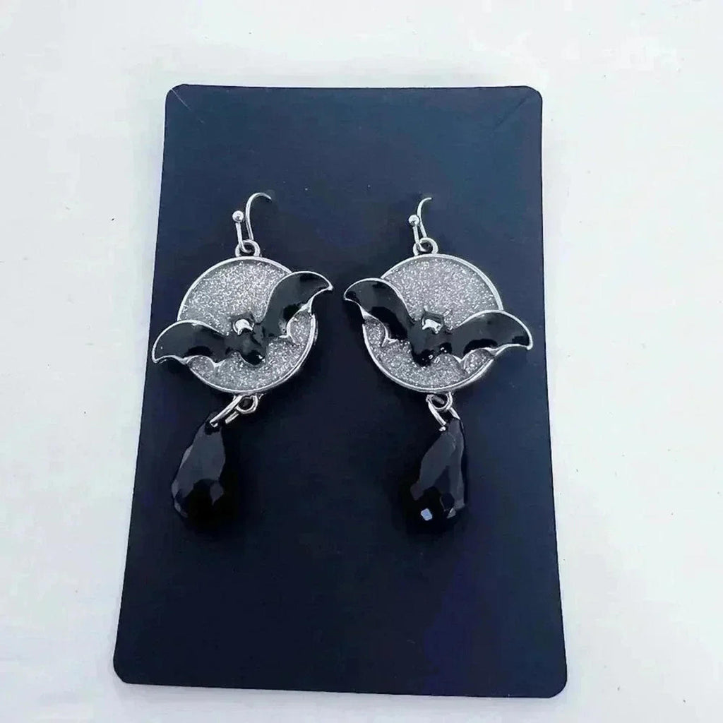 Bat Earrings Silver Sparkly Statement Dangling Earrings Halloween Gothic