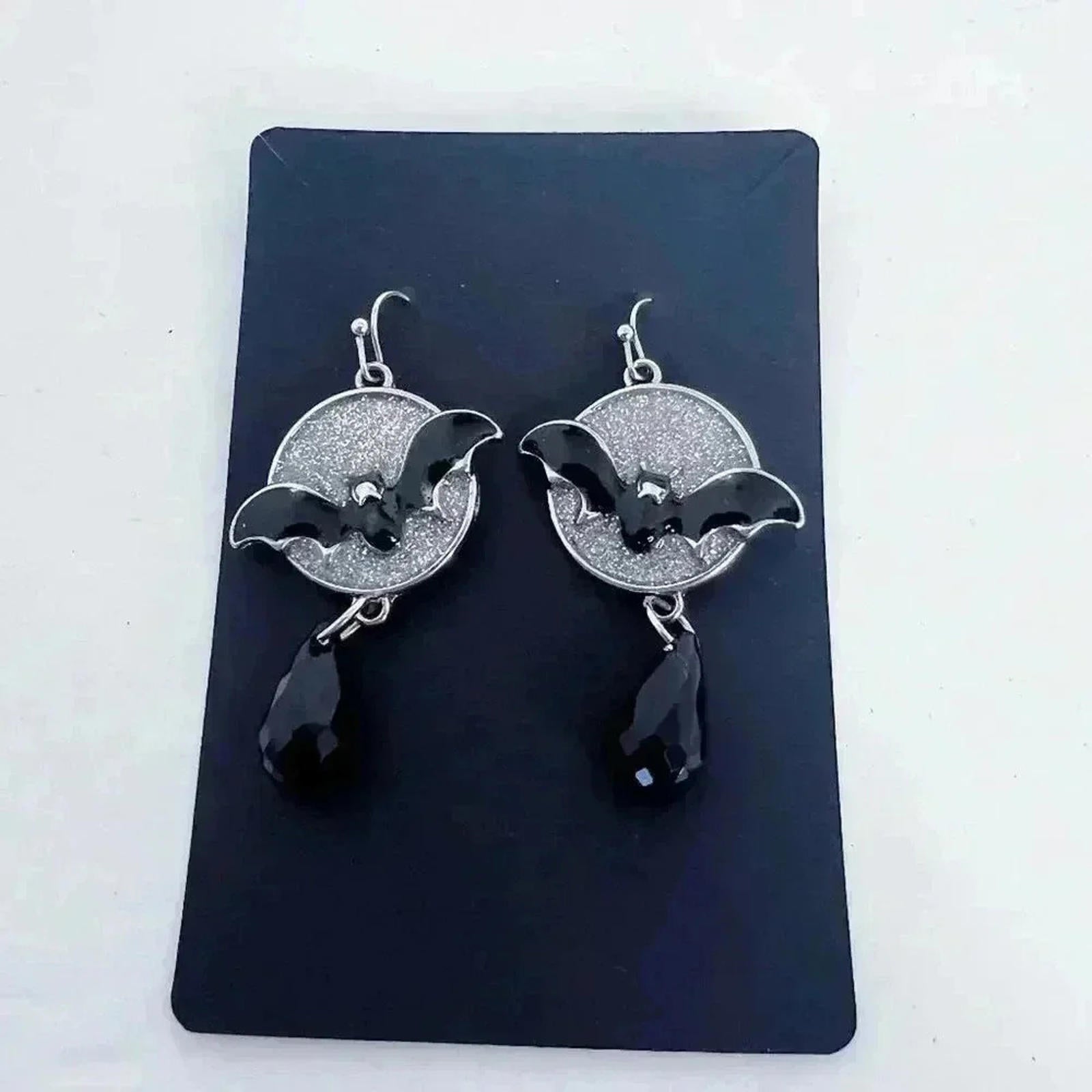 Bat Earrings Silver Sparkly Statement Dangling Earrings Halloween Gothic