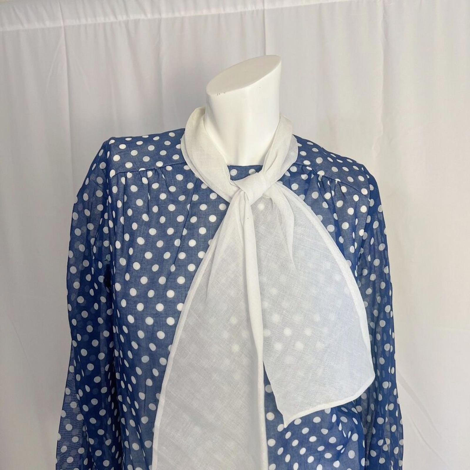 1970s Vintage Jonathan Logan Blue White Polka Dot Tied Collar Mod Size 7
