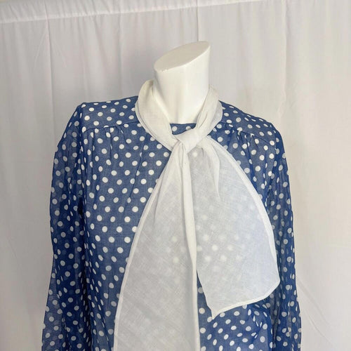 1970s Vintage Jonathan Logan Blue White Polka Dot Tied Collar Mod Size 7