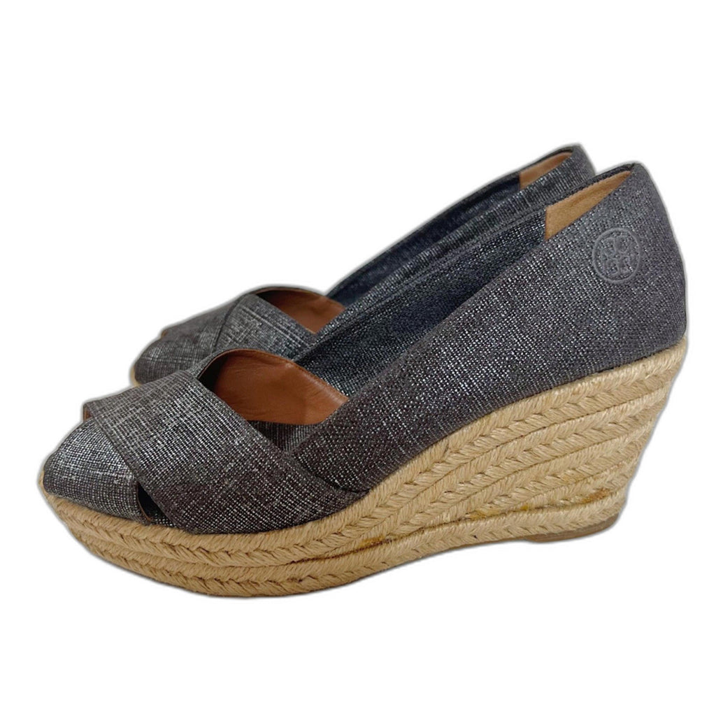 Tory Burch Filipa Canvas Pewter Grey Silver Wedge Espadrille Sandal Size 9
