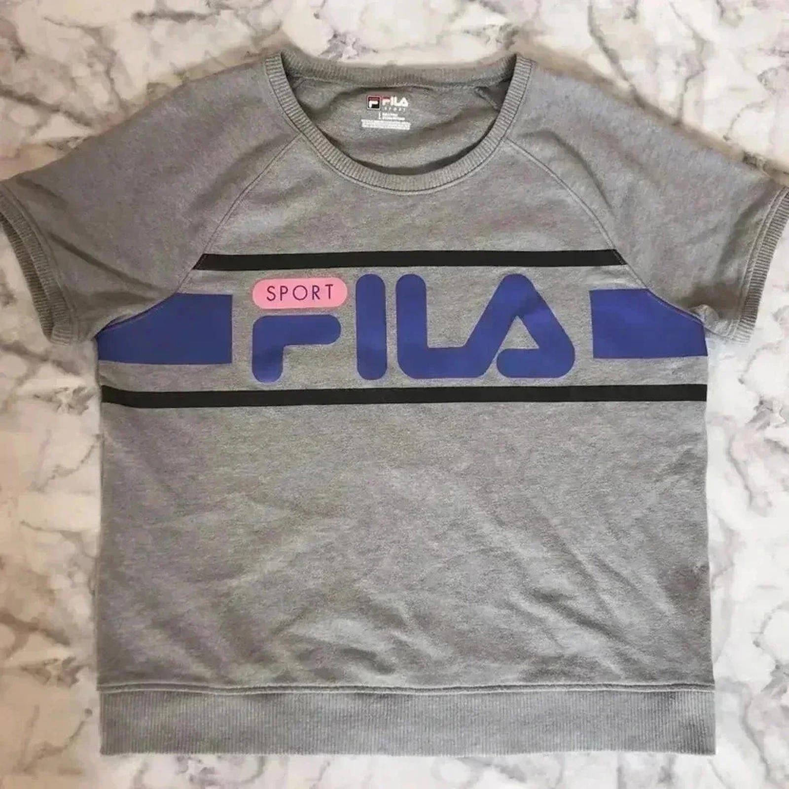 Fila Sport Grey Raglan Crewneck Terrycloth Tee Blue Pink Athleisure Size L