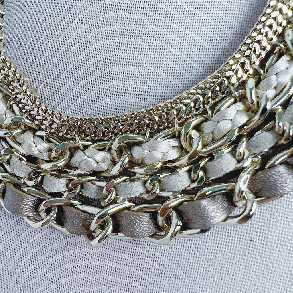 WHBM Gold Chain Multistrand Bib Necklace Leather Braiding Statement Choker