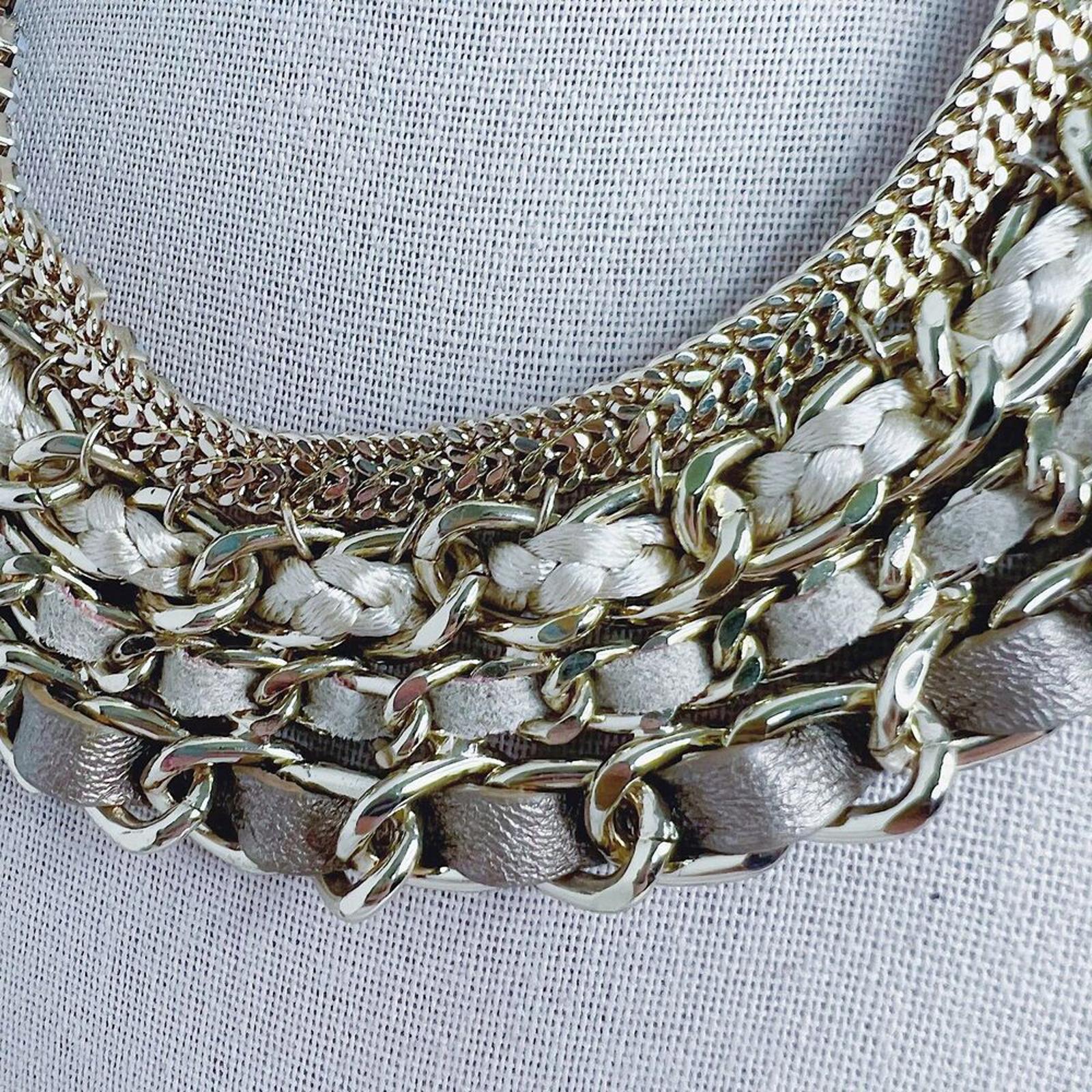WHBM Gold Chain Multistrand Bib Necklace Leather Braiding Statement Choker