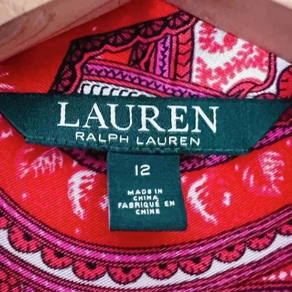 Ralph Lauren Red Paisley Satin Scarf Dress Long Sleeves Women's Size 12