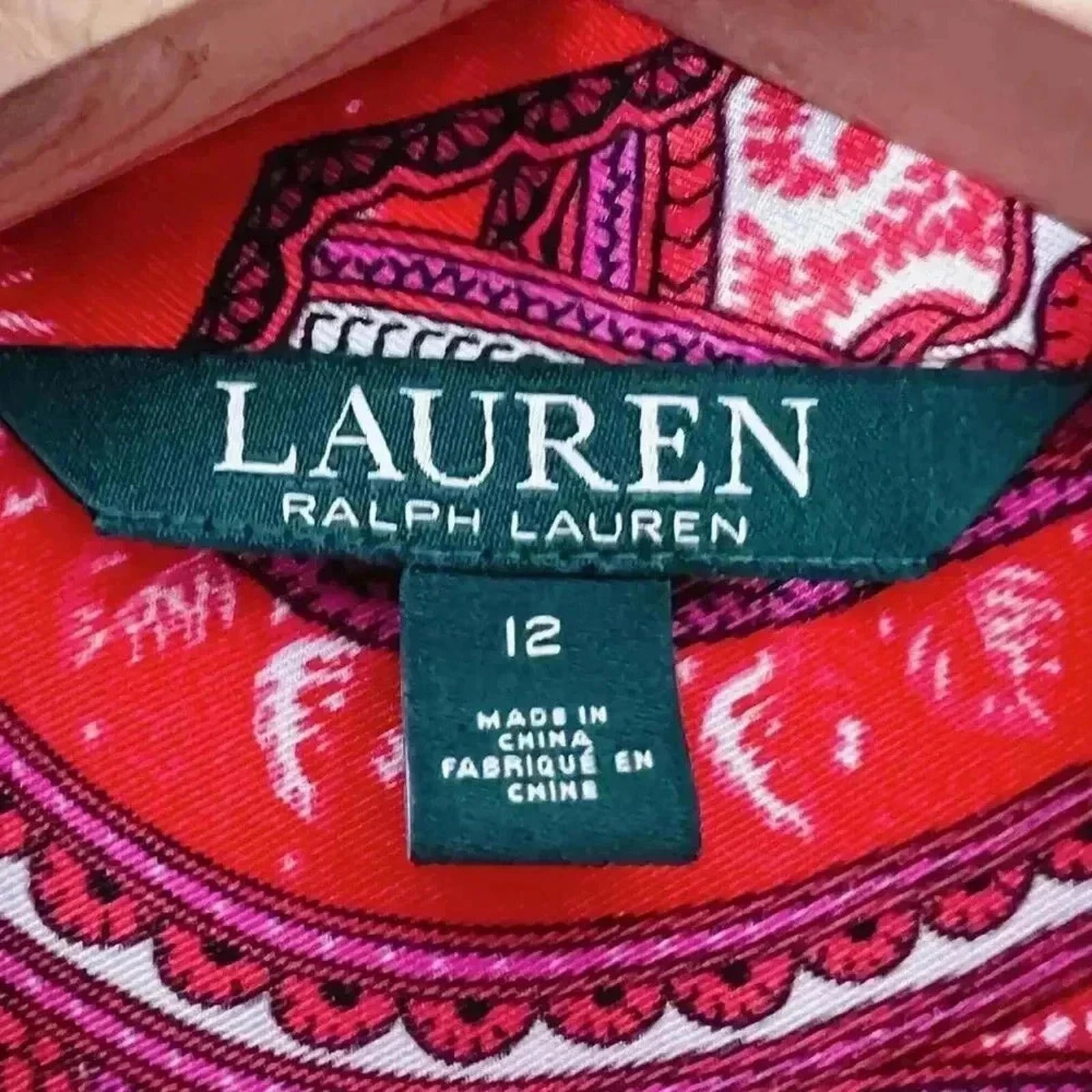 Ralph Lauren Red Paisley Satin Scarf Dress Long Sleeves Women's Size 12