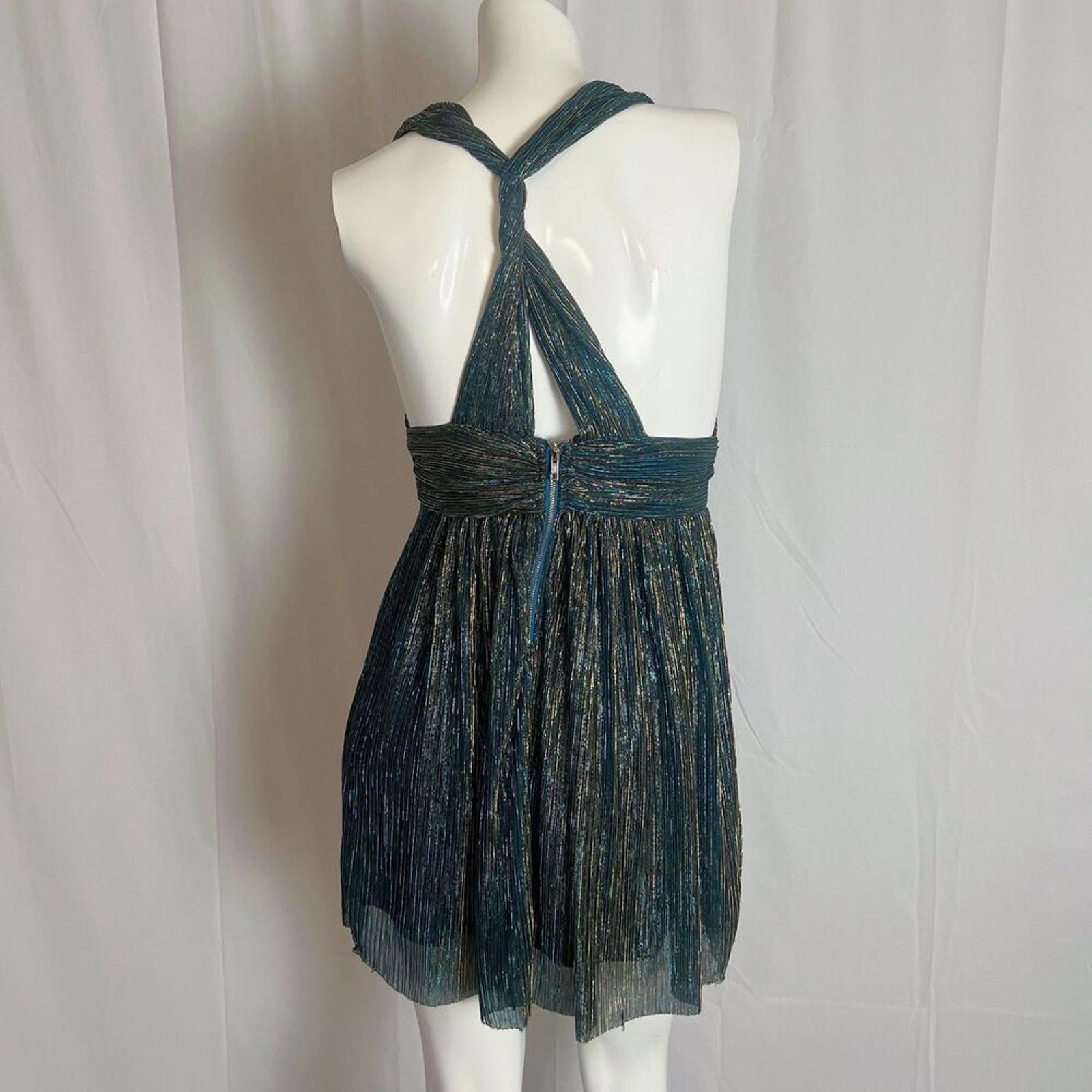 Lulus Ailey Gold and Teal Blue Metallic Skater Dress Women's Size M