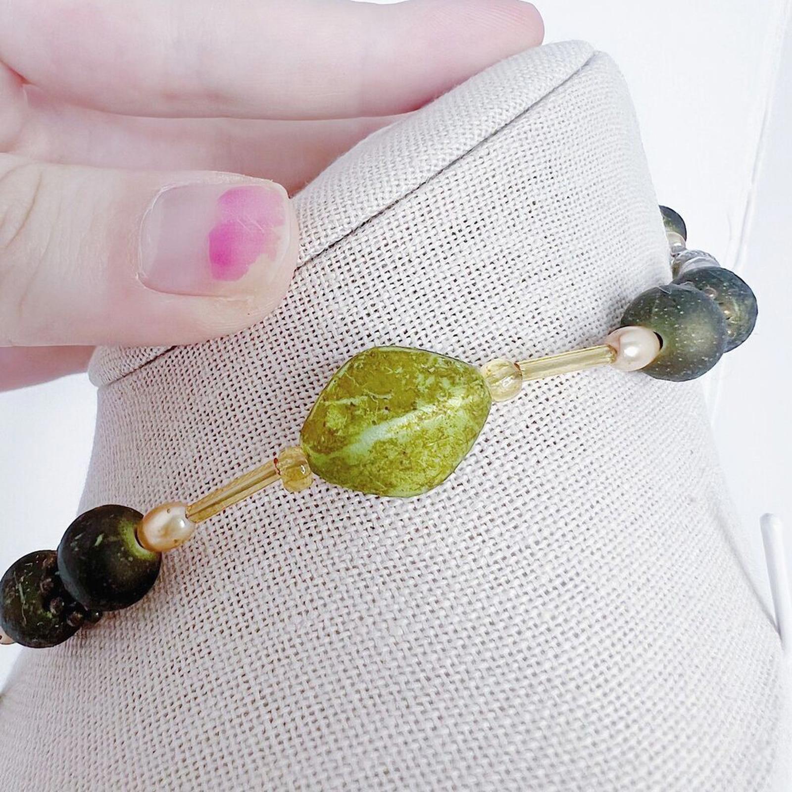 Green Beaded Silver Pendant Statement Necklace Boho