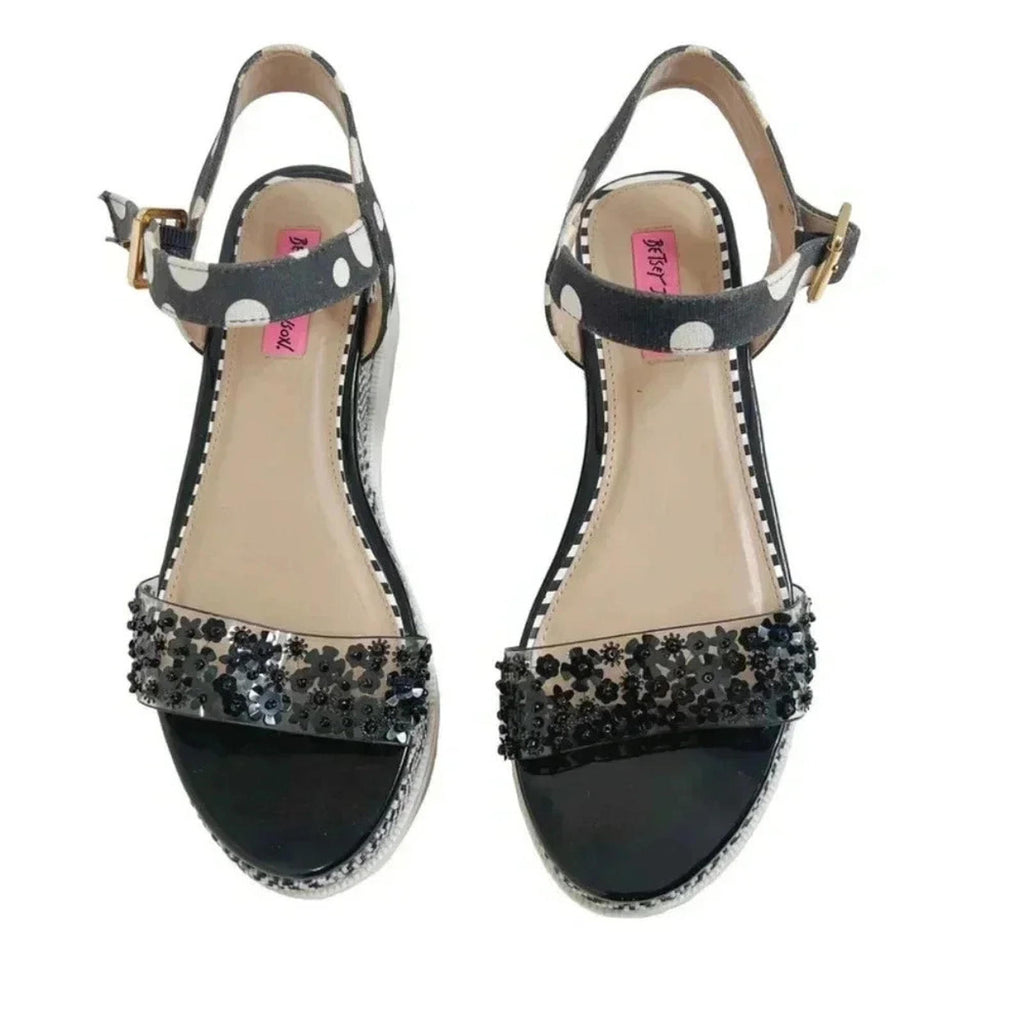Betsey Johnson Faegan Wedge Sandal Black and White Women's Size 9.5