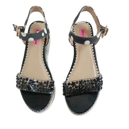 Betsey Johnson Faegan Wedge Sandal Black and White Women's Size 9.5