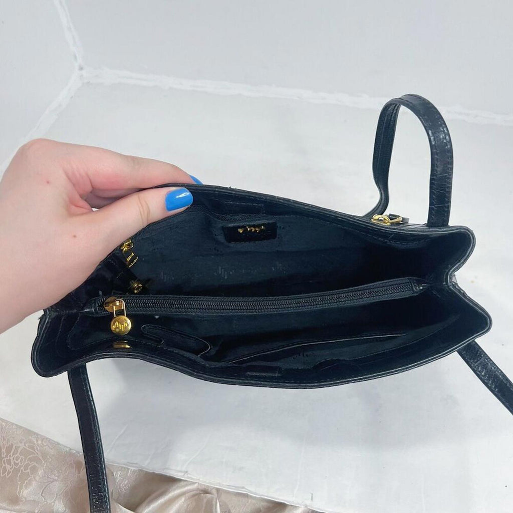 Vintage Monsac Black Crocodile Embossed Leather Shoulder Bag Purse