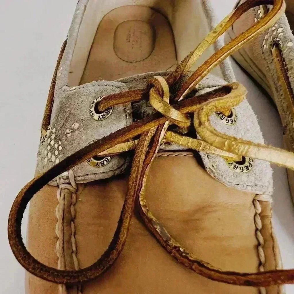 Sperry Top-Sider Tan Leather Boat Shoes Gold Details Preppy Old Money Size 9.5