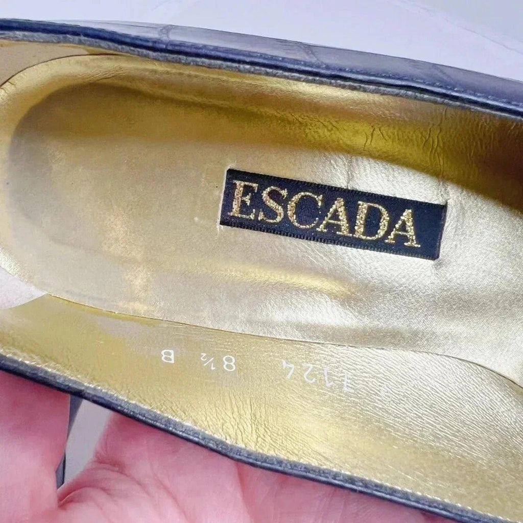 Escada Vintage Navy Blue Crocodile Rounded Toe Pumps Women's Size 8.5