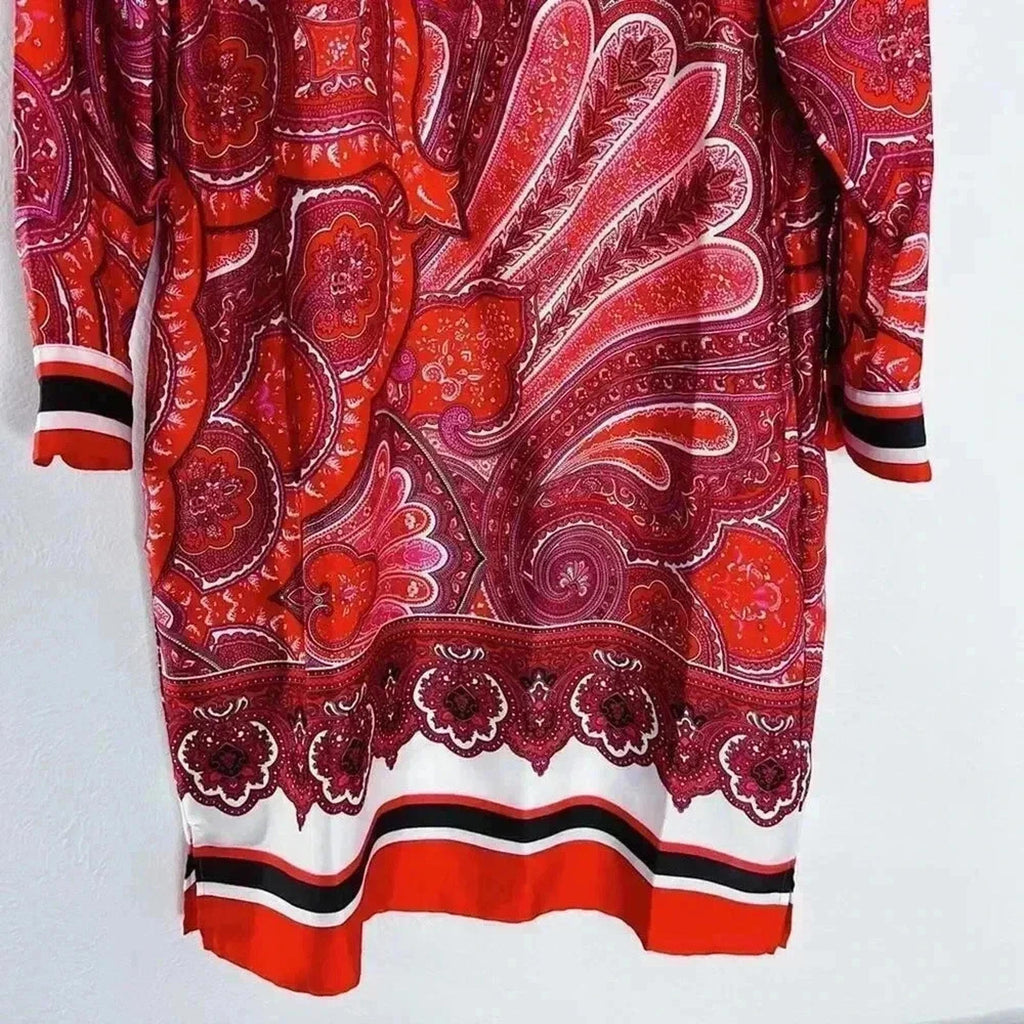 Ralph Lauren Red Paisley Satin Scarf Dress Long Sleeves Women's Size 12