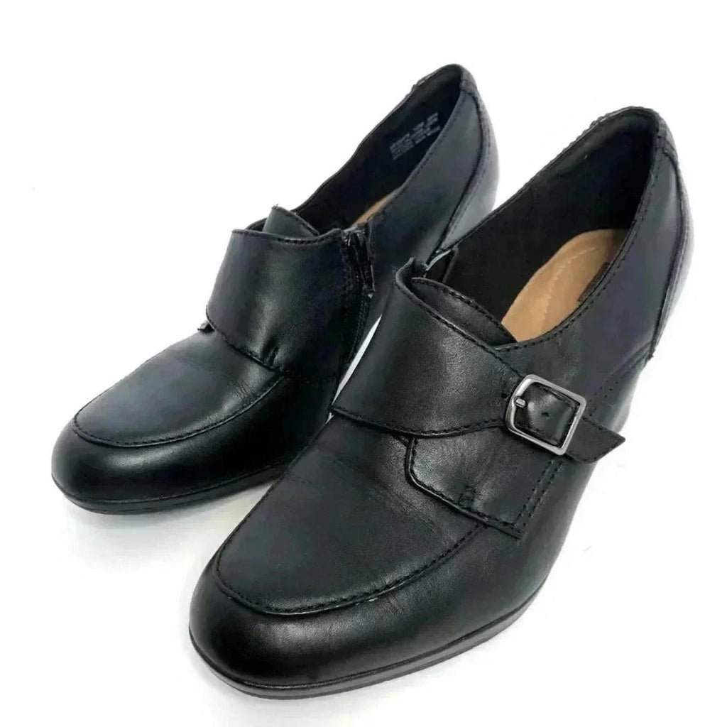 Clarks Black Leather Heeled Mule With Buckle Women's Size 10 Heels