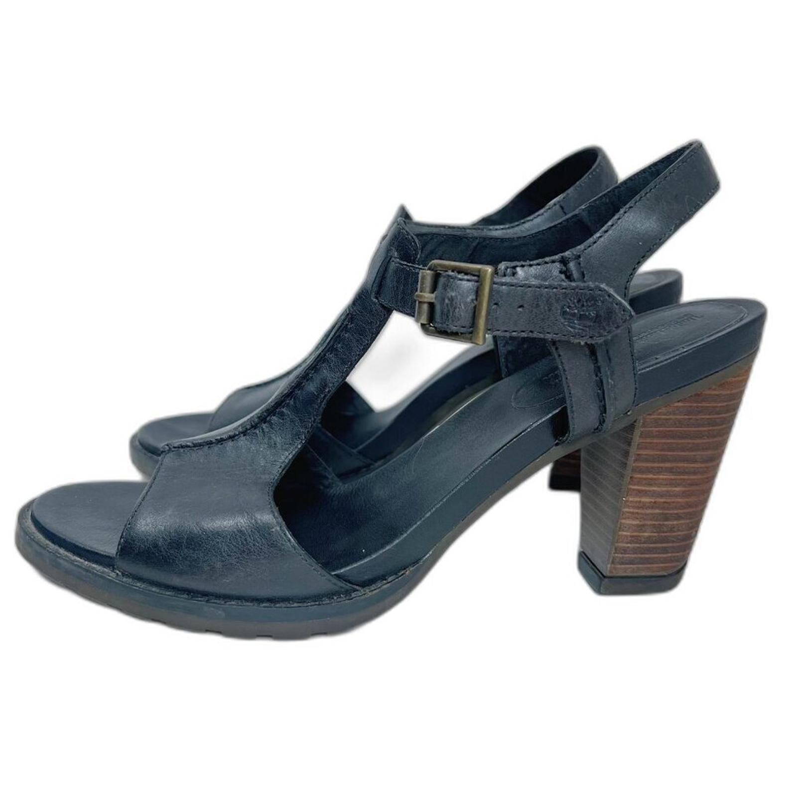 Timberland Earthkeepers Stratham Heights Sandal Black Leather Heel Size 9.5