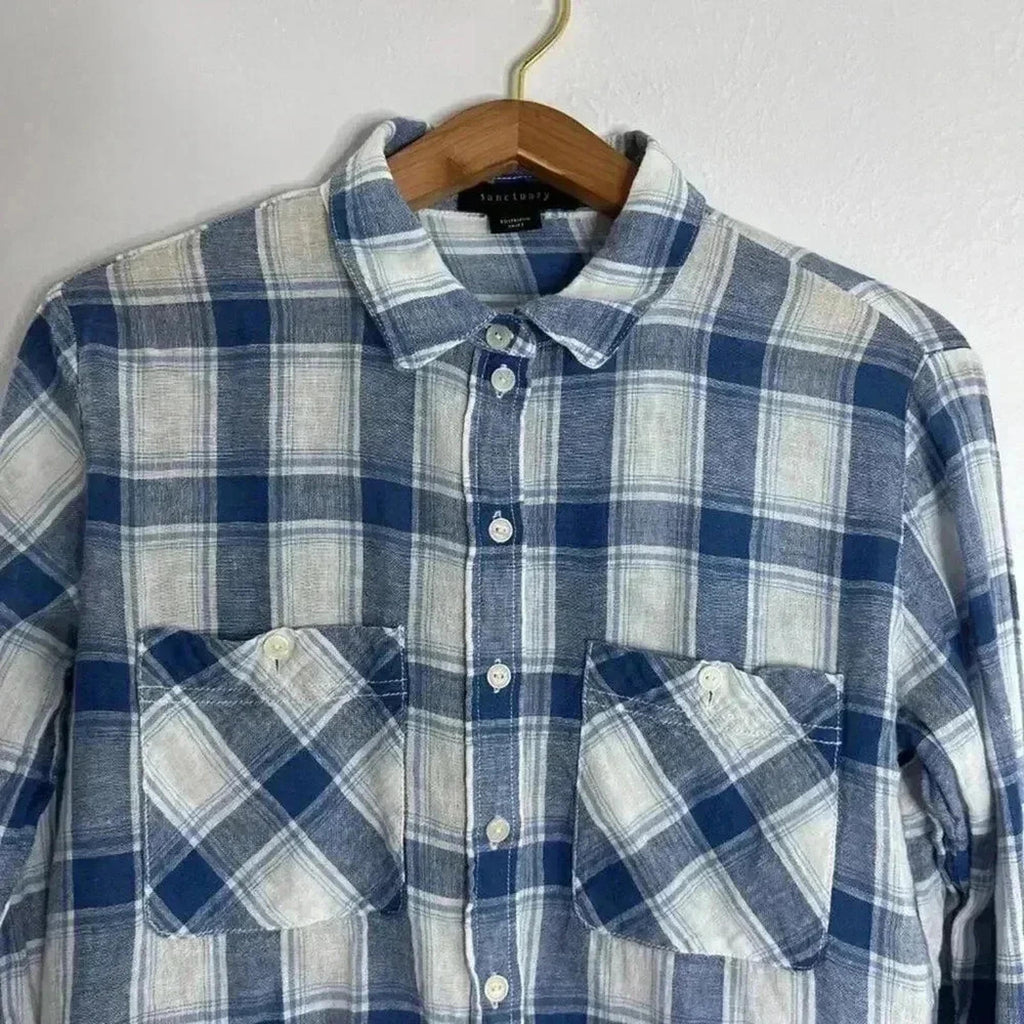 Sanctuary Blue White Plaid Long Sleeve Button Up Blouse Western Women's Size S