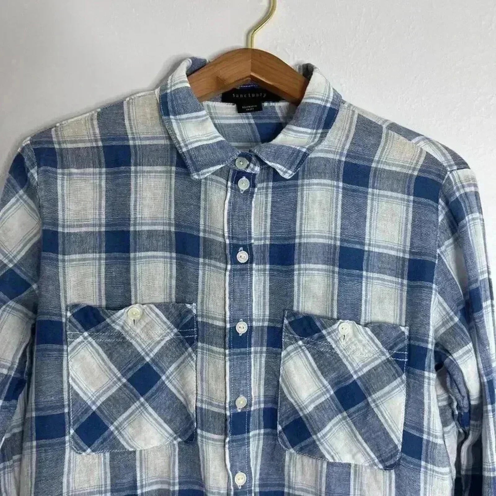 Sanctuary Blue White Plaid Long Sleeve Button Up Blouse Western Women's Size S