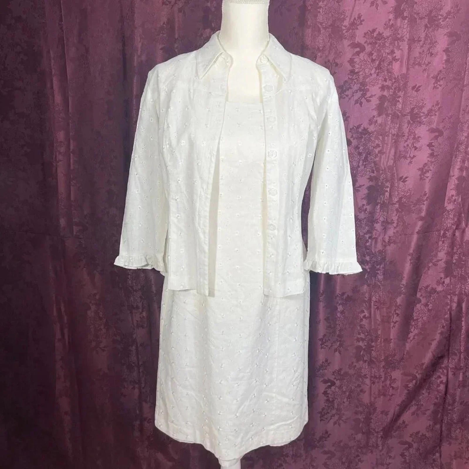 Dress Barn White Linen Dress Eyelet Floral Embroidery With Cardigan Size 6