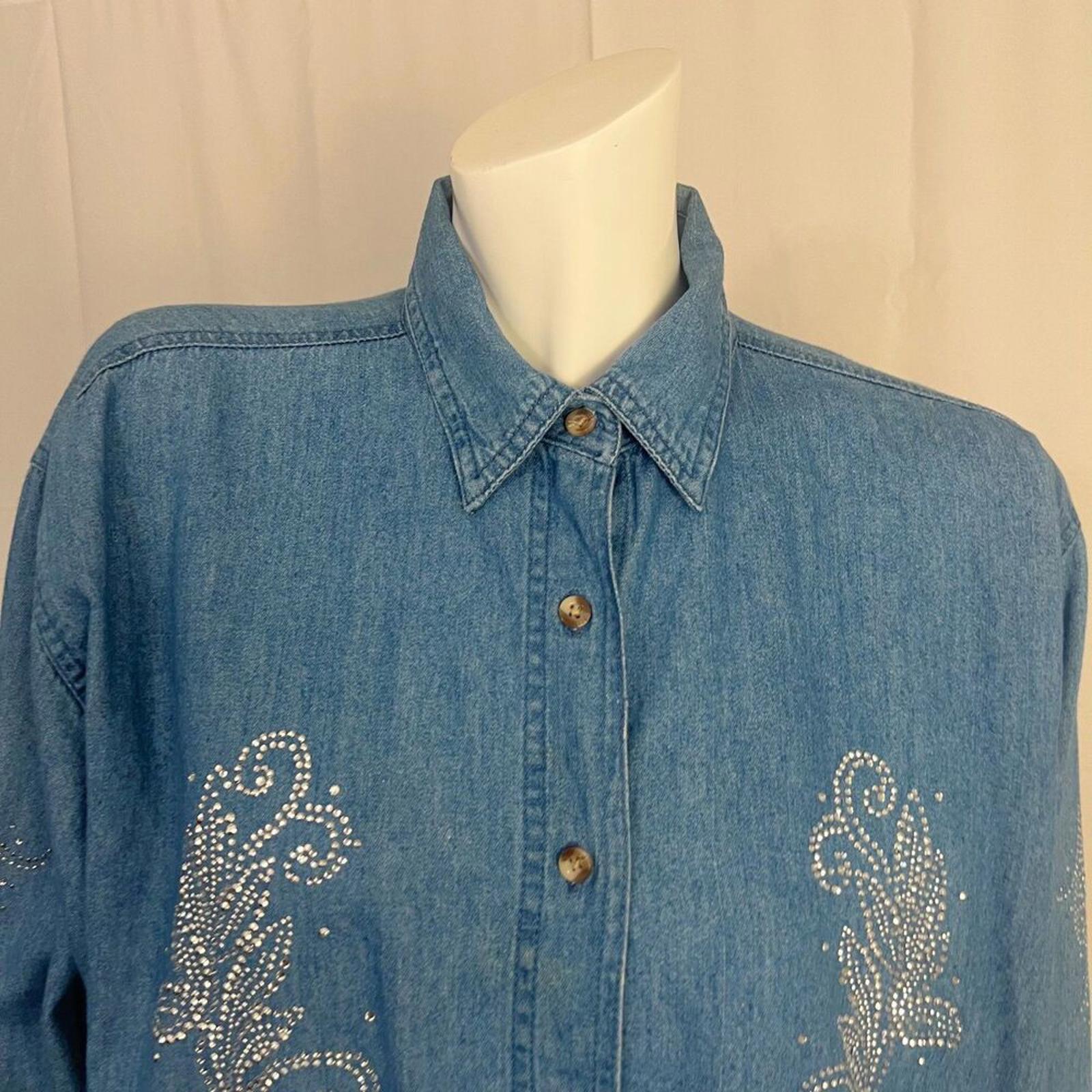 Vintage La Sha Denim Button Up Shirt Rhinestones Western Country Women's Size L