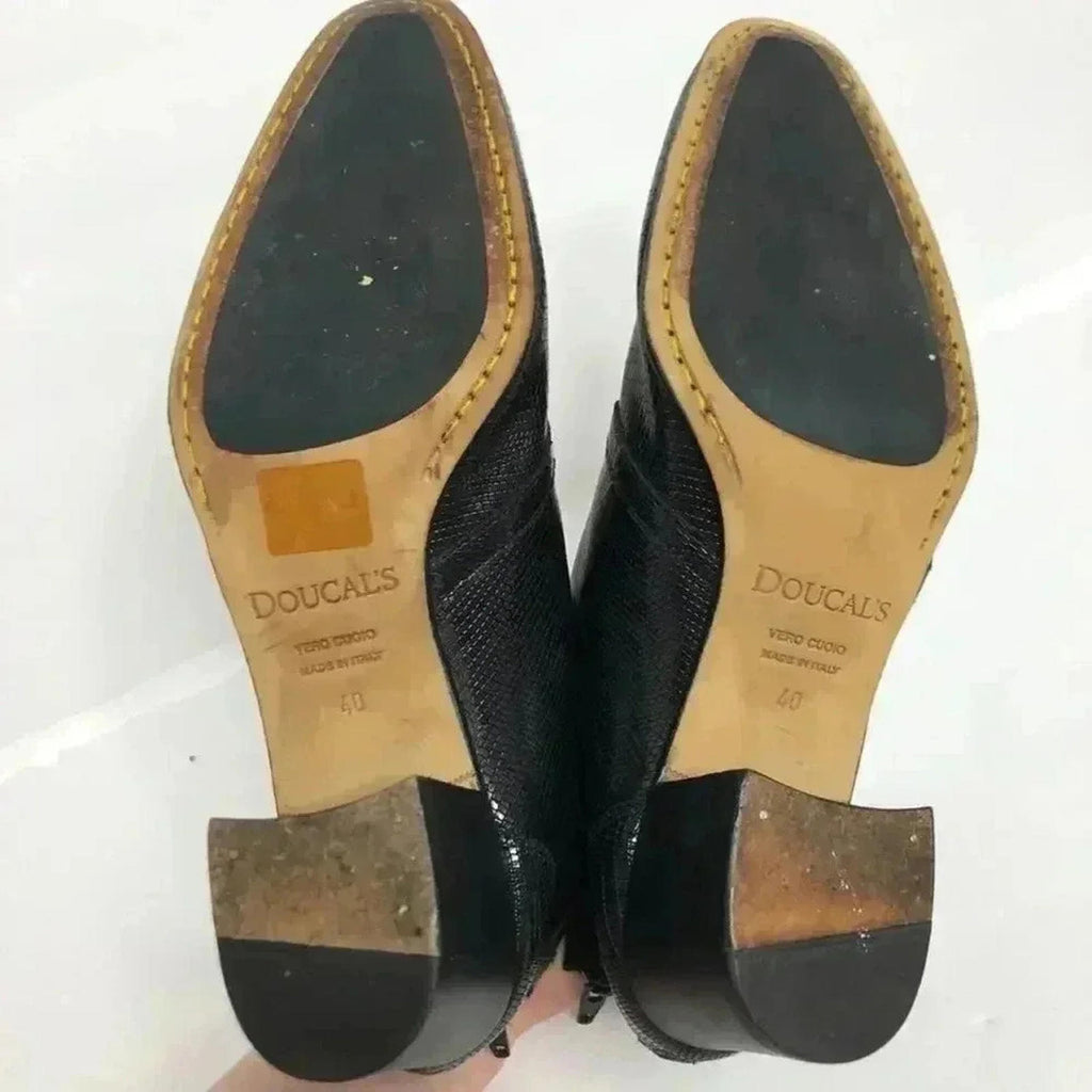 Doucal's Vintage Crocodile Print Leather Luxury Designer Black Booties Pointed