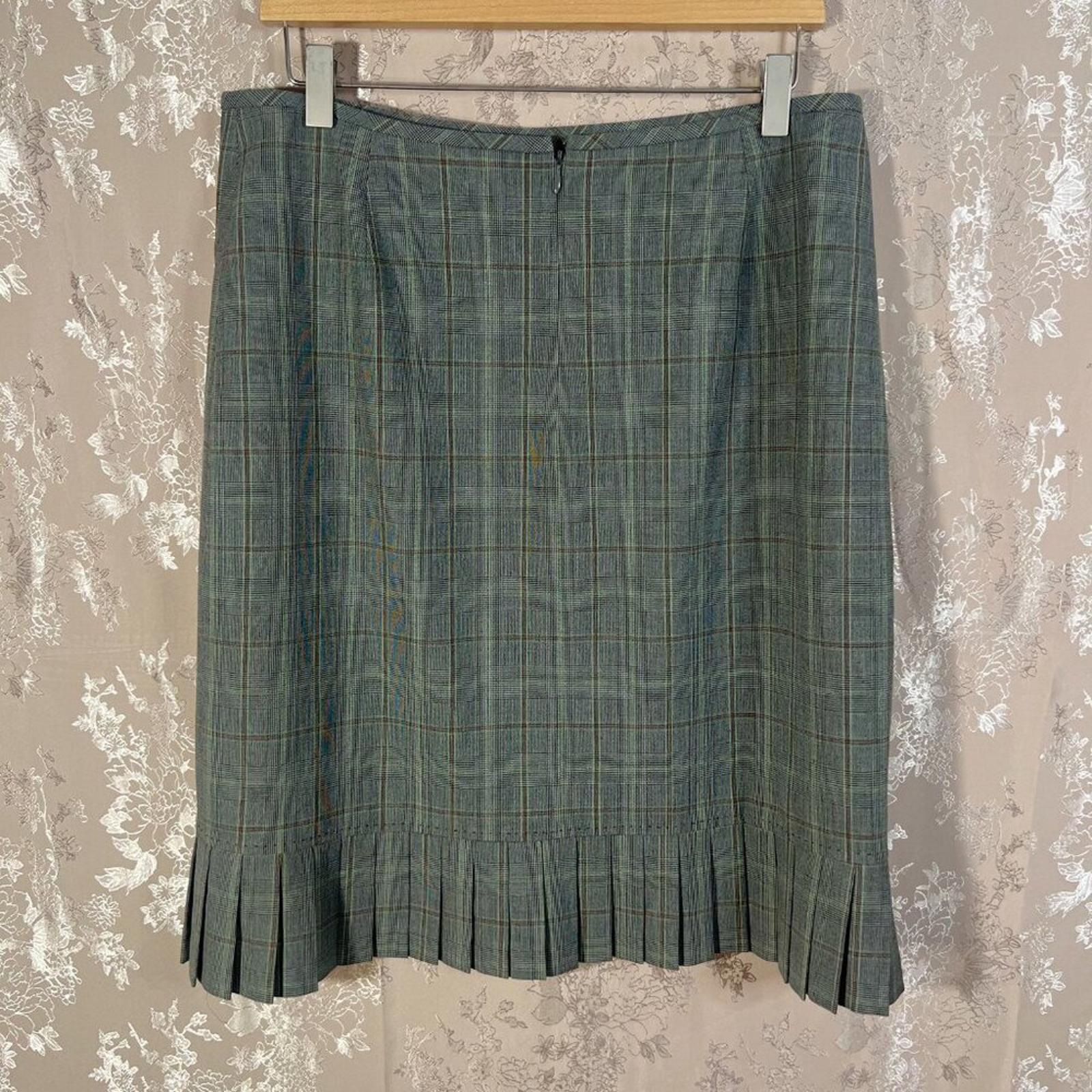y2k Tahari Vintage Grey Green Plaid Pencil Skirt Pleated Office Siren Size 12