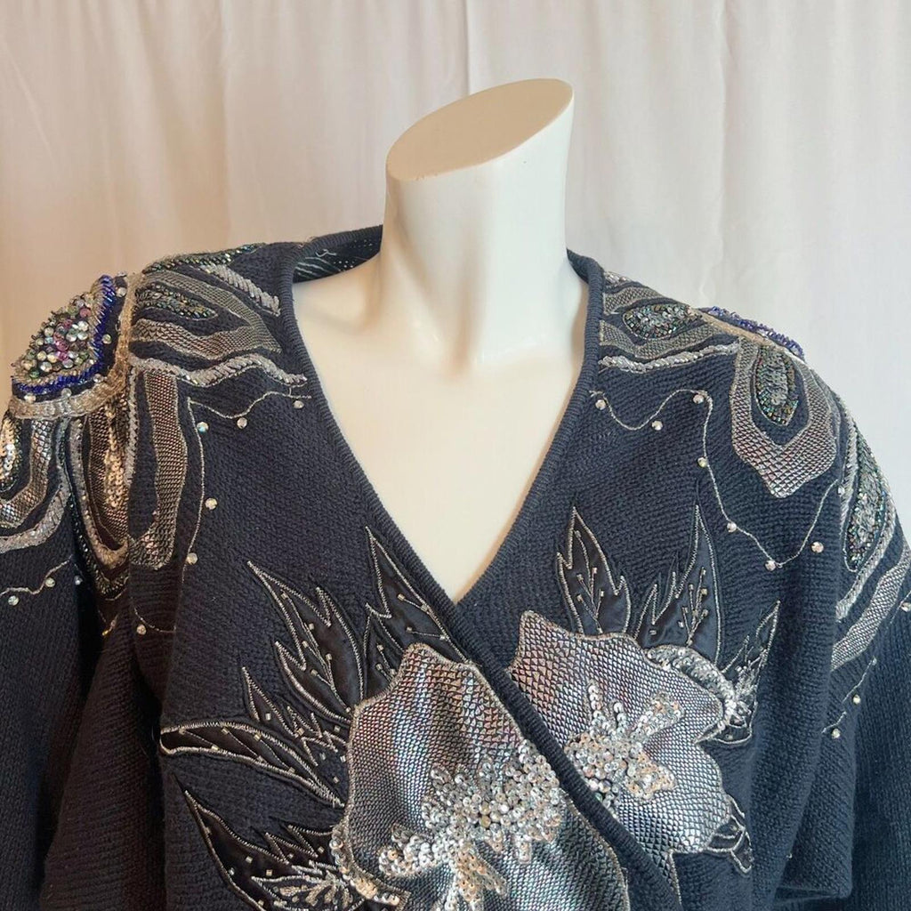 Vintage 80s Bonnie Boerer Black Silver Beaded Embroidered Wrap Sweater Size S