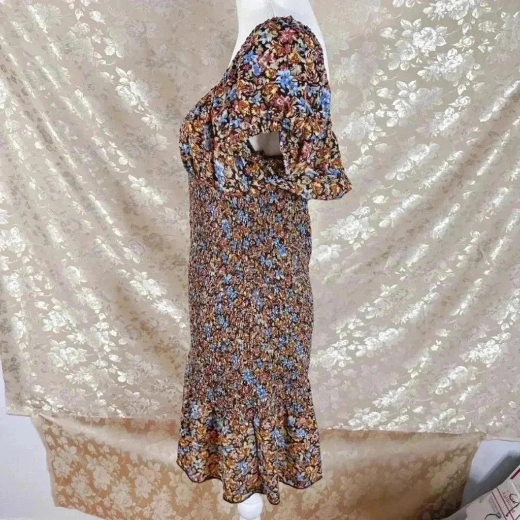Wild Fable Brown Floral Smocked Dress Puffy Sleeves Women's Size L