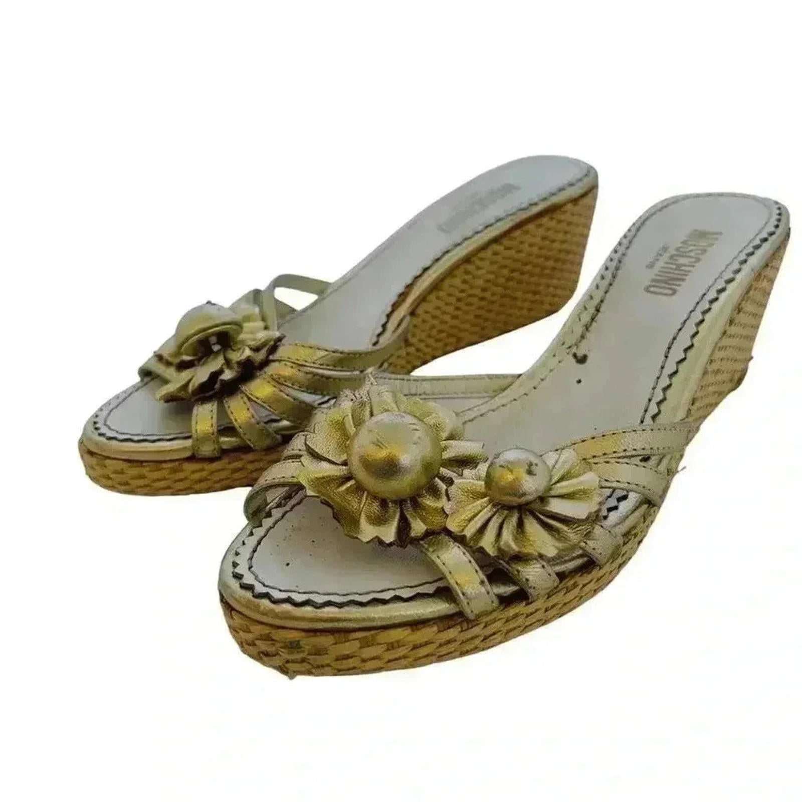 Moschino Gold Flower Platform Wedge Sandals Wicker Women's Size 7