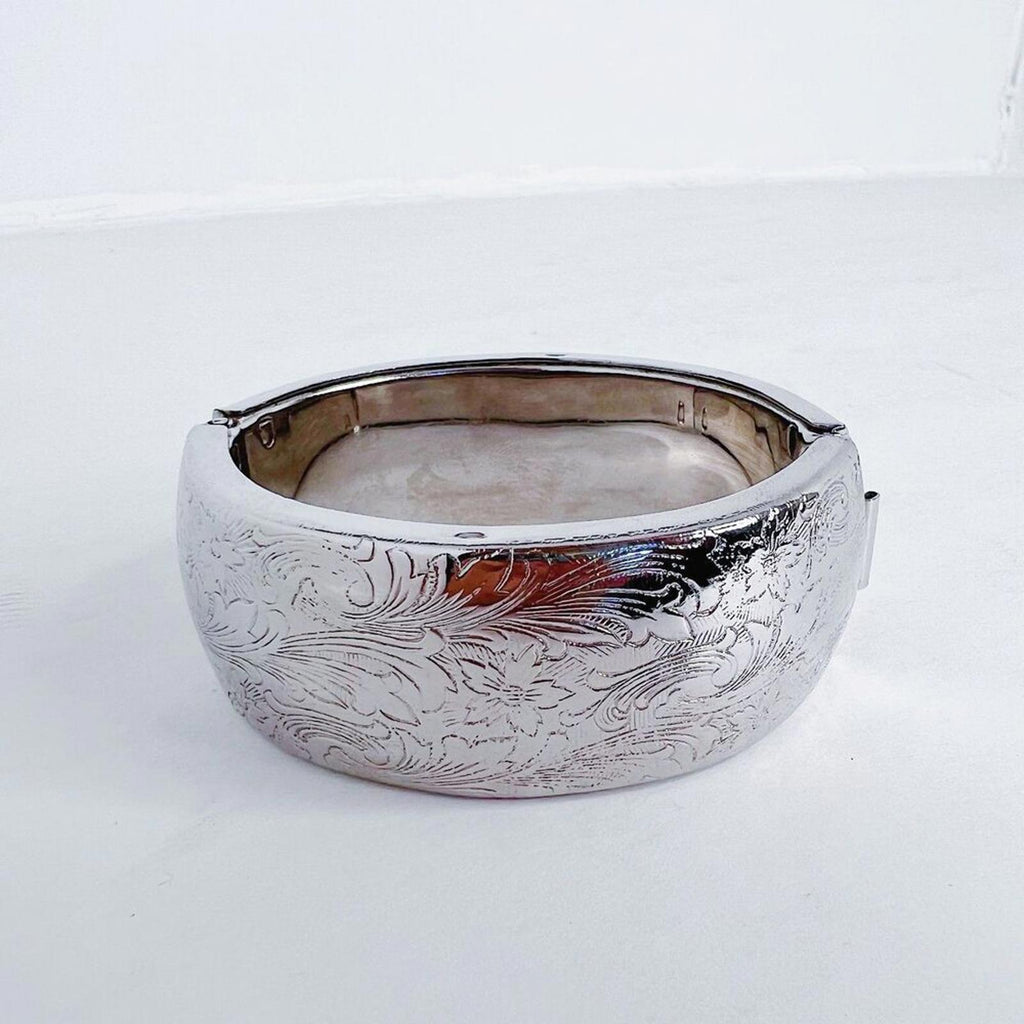 Vintage Floral Etched Silver Cuff Hinged Bracelet Boho Bohemian