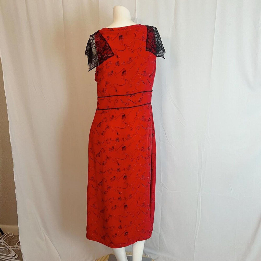 Tanya Taylor Silk Zodiac Print Kara Midi Dress Red Black Lace Cap Sleeves Size 8