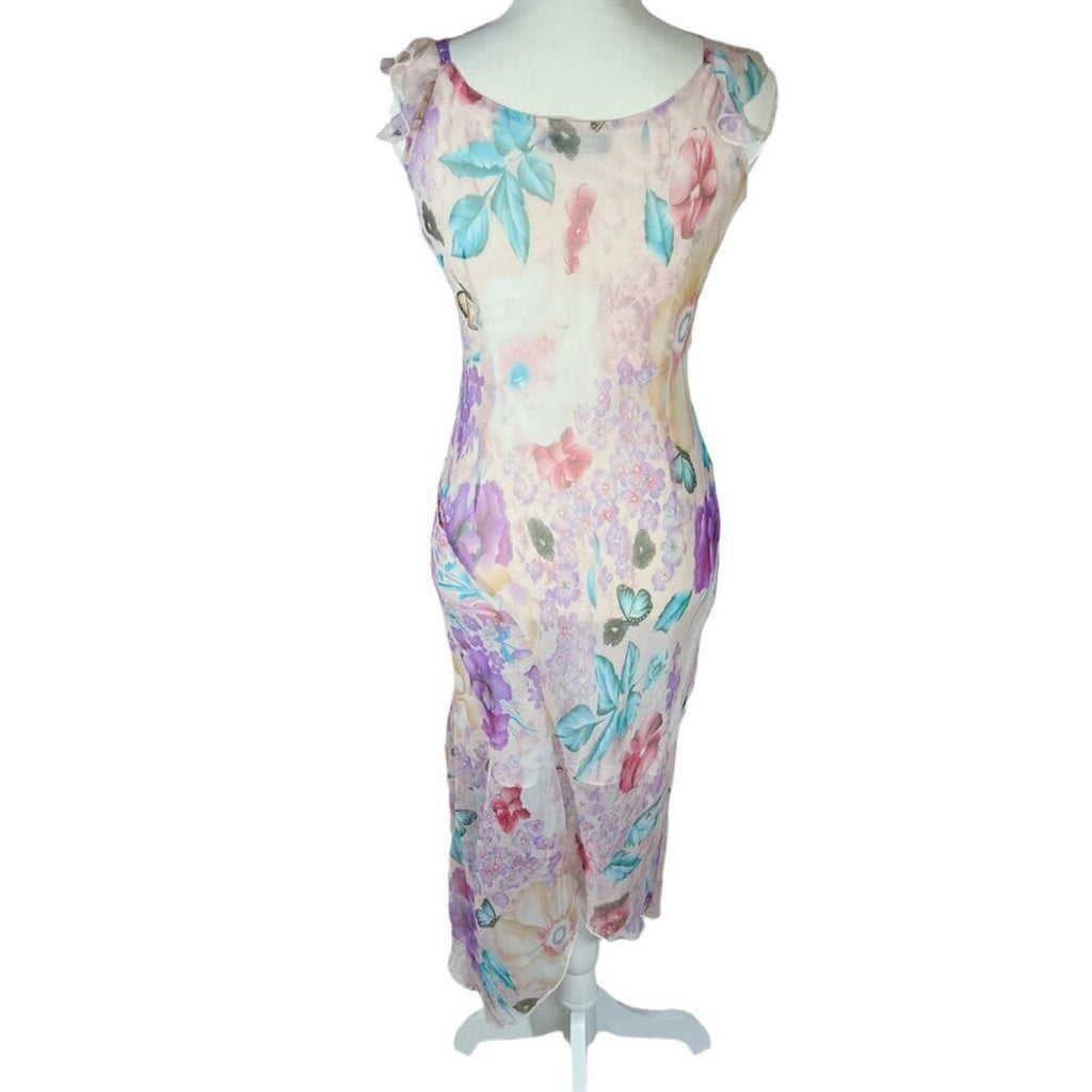 y2k Vintage Yubeier Butterfly Pink Chiffon Asymmetrical Dress Sequins Size M